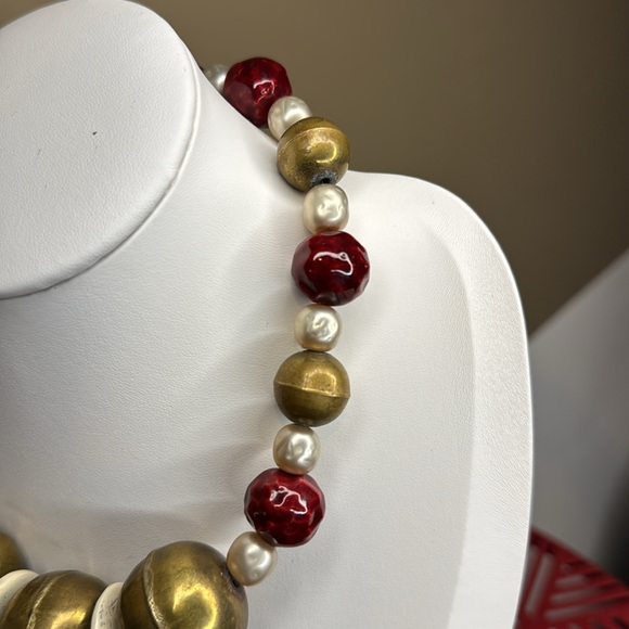 Chunky Red & Gold Beaded Necklace ~ Big Round Beads - Picture 3 of 4
